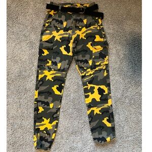 Fashion Nova Yellow and Black Camouflage Joggers